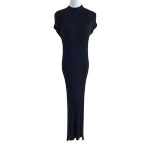 MASSIMO DUTTI BLACK RIBBED KNIT SLEEVELESS MOCK NECK SLIT MAXI DRESS - XS